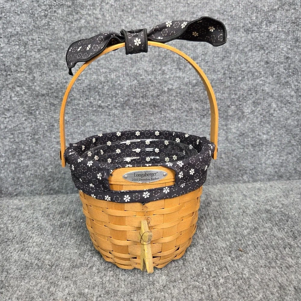 Longaberger 2010 Dresden Basket W/ Black Flower Star Fabric Liner, & Protector